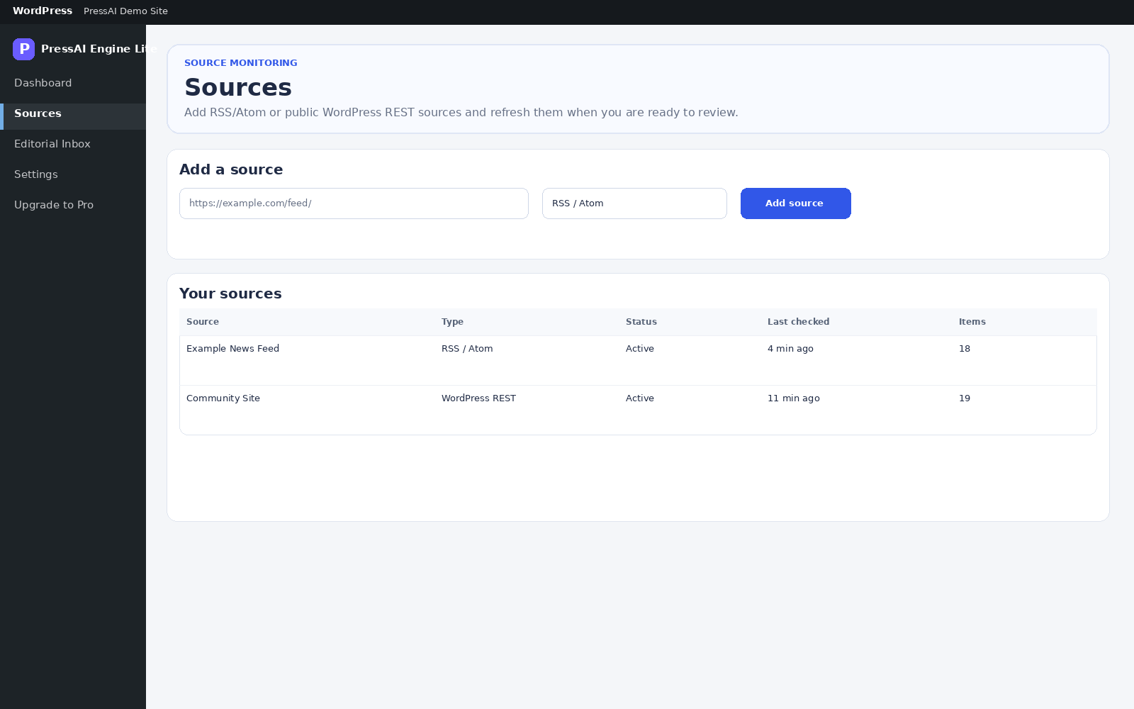 PressAI Lite Sources interface illustration